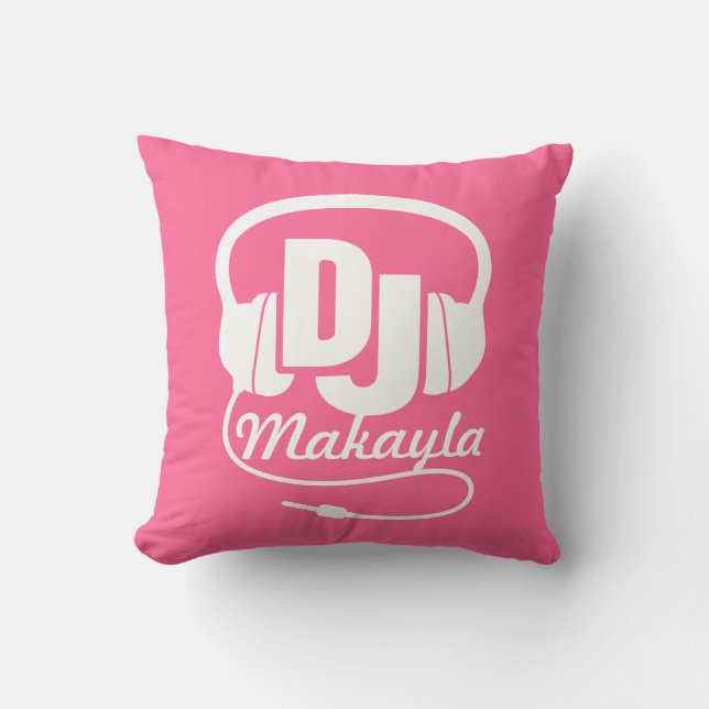 Girls DJ pink & white add your name pillow (Front)