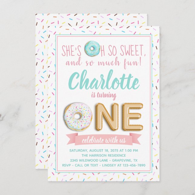 Girls Doughnut Foil Balloon 1st Birthday Party Invitation (Front/Back)