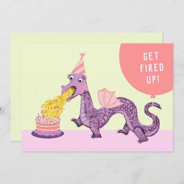 Girl's Dragon Birthday Party Invitations (Front/Back)