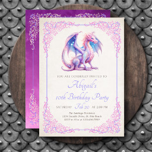 Girls Dragon Pink Purple Birthday Invitation