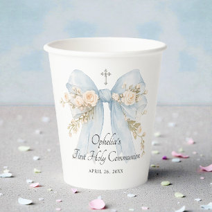 Girl's Dusty Blue First Communion Floral Bow Paper Cups
