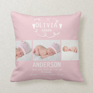 Girls Dusty Pink Photo Birth Announcement Cushion