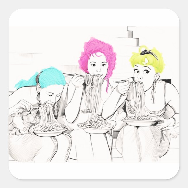 GIRLS EATING SPAGHETTI SQUARE STICKER (Front)