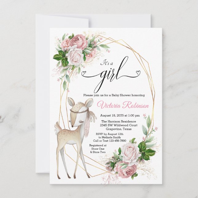 Girls Elegant Boho Deer Baby Shower Invitation (Front)
