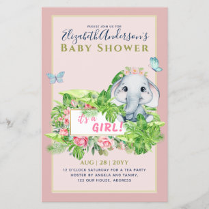 Girl's Elephant Baby Shower Gender Reveal Invites Flyer