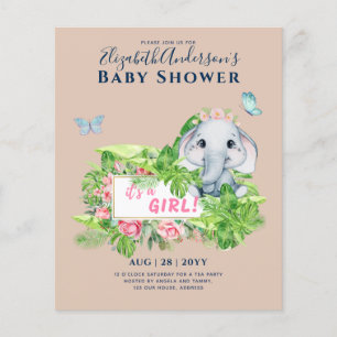 Girl's Elephant Baby Shower Gender Reveal Invites Flyer