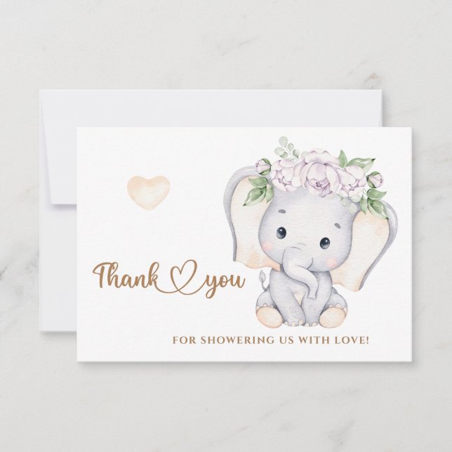 Girls elephant baby shower thank you card (Front)