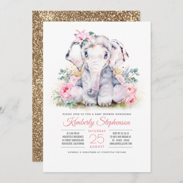 Girls Elephant Floral Baby Shower Invitation (Front/Back)