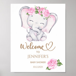 Girl's Elephant & Flower Baby Shower Welcome  Poster