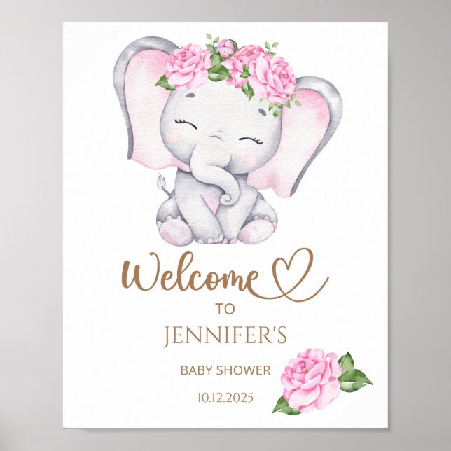 Girl's Elephant & Flower Baby Shower Welcome  Poster (Front)
