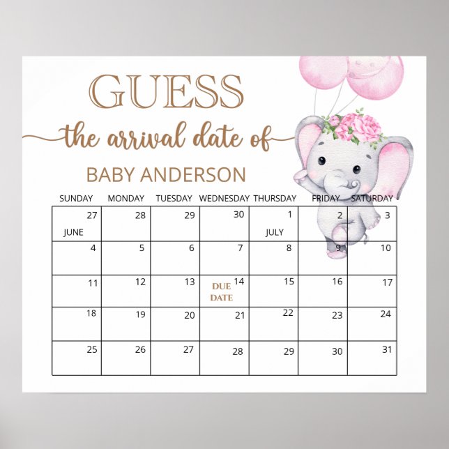 Girl's Elephant & Flower Guess Due Date Calendar Poster (Front)