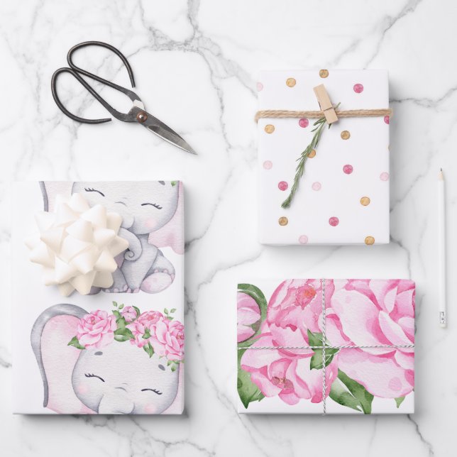 Girl's Elephant & Flower Wrapping Paper Sheets (Front)