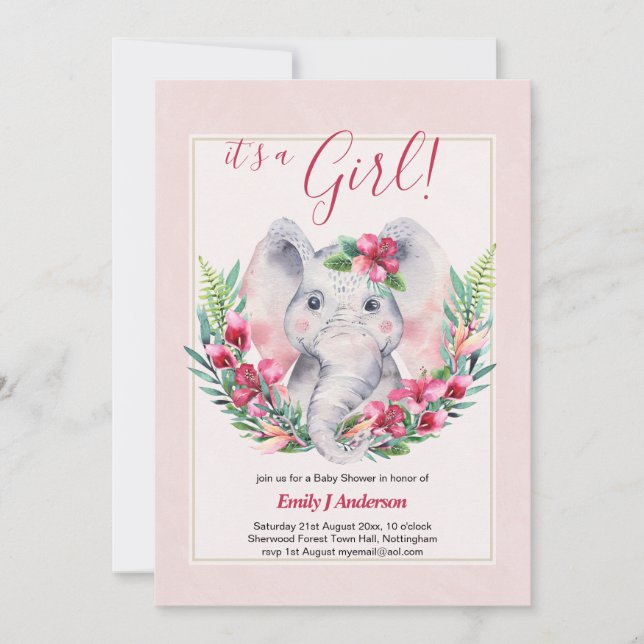 GIRLS Elephant Flowers Baby Shower GENDER REVEAL Invitation (Front)