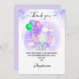 Girl's Elephant, Rabbit With Balloons Baby Shower Thank You Card