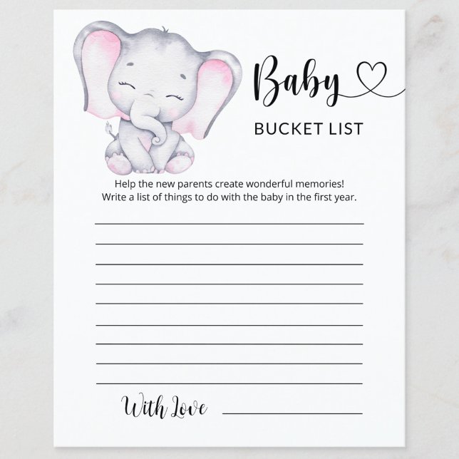 Girl's Elephant Watercolor Baby Shower Bucket List (Creator Uploaded)