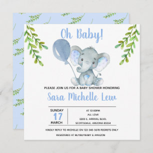Girl's Elephant Watercolor Baby Shower Invitation