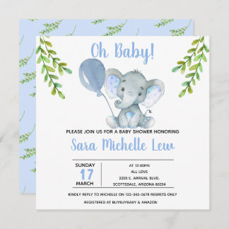 Girl's Elephant Watercolor Baby Shower Invitation