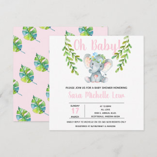 Girl's Elephant Watercolor Baby Shower Invitation