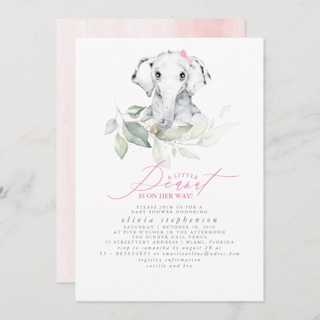 Girl's Elephant Watercolor Greenery Baby Shower Invitation (Front/Back)