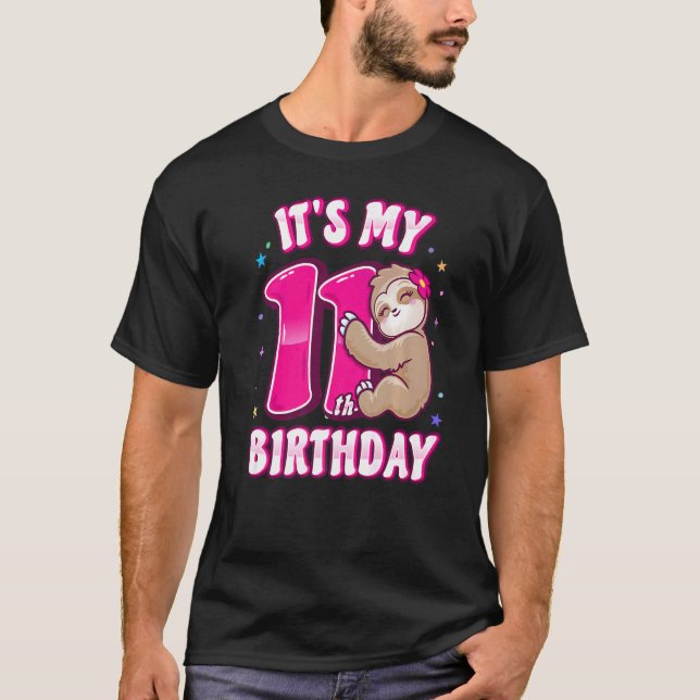 Girls Eleventh Birthday My 11th Bday Pink Sloth Pa T-Shirt (Front)