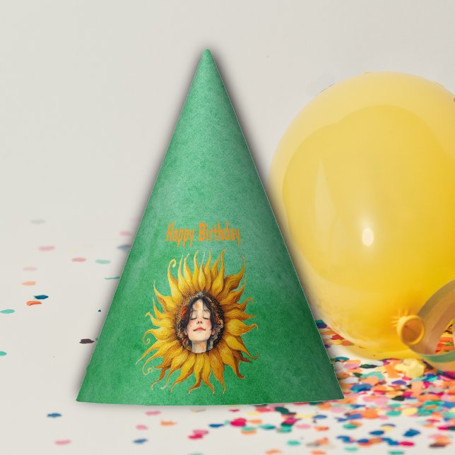 Girls Face in Big Yellow Sunflower Birthday Green Party Hat (Face of cute brown haired girl in center of big yellow sunglower on  Birthday green paper party hat.)