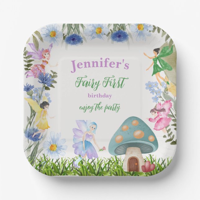 Girl's Fairy Birthday Fairies and Flowers Any Age Paper Plate (Front)