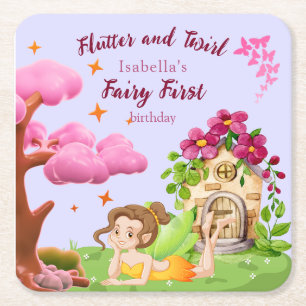 Girls Fairy First Fairytale Mushroom Butterfly  Square Paper Coaster