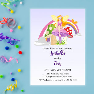 Girls Fairy Mushroom Rainbow Birthday  Invitation