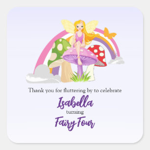 Girls Fairy Mushroom Rainbow Birthday Square Sticker