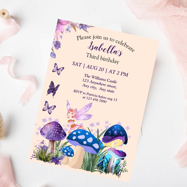 Girls Fairy Purple Mushroom Butterfly Birthday Invitation (Creator Uploaded)