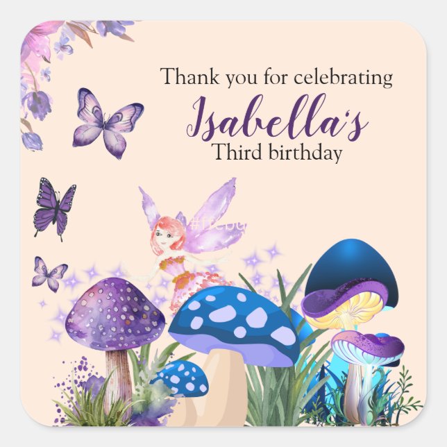 Girls Fairy Purple Mushroom Butterfly Birthday Square Sticker (Front)