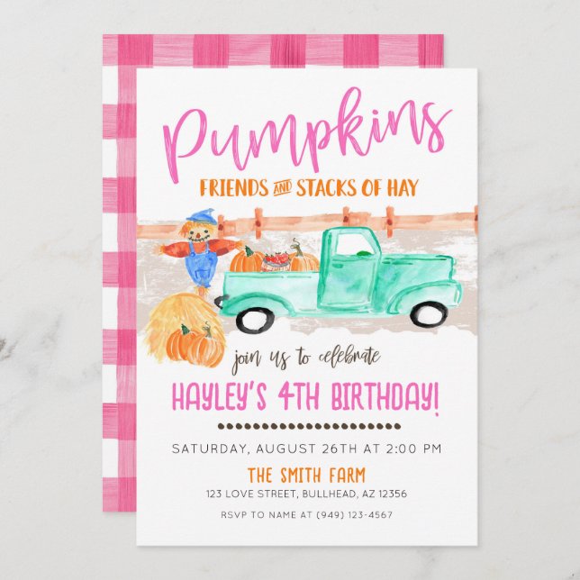 Girls Fall Farmer Pumpkin Patch Old Truck Invitation (Front/Back)