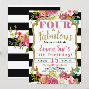 Girl's Fall Floral Four & Fabulous 4th Birthday Invitation