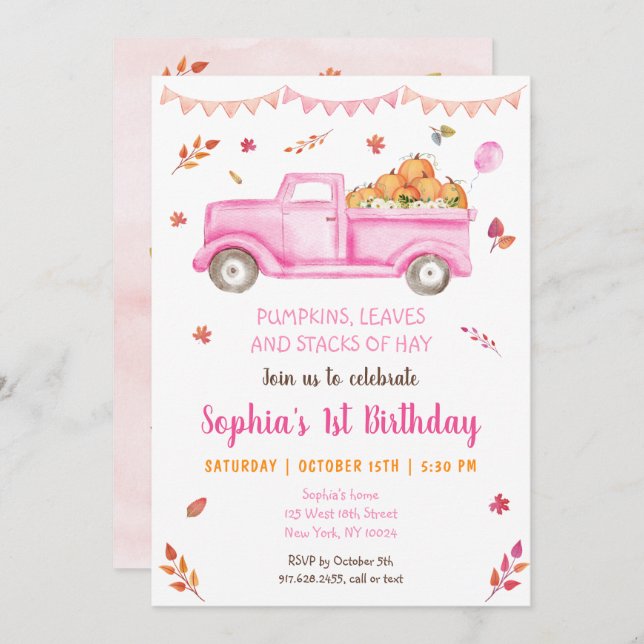 Girls Fall Pumpkin Truck Birthday Invitation (Front/Back)