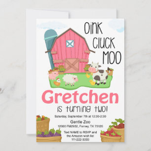 Girls farm animal 2nd birthday invitation