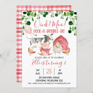 Girls Farm Animals And Balloon Birthday Invitation