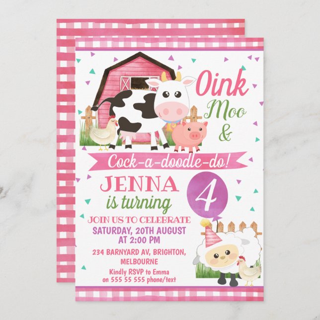 Girls Farm Animals Birthday Invitations (Front/Back)