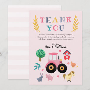 Girls Farm Animals Pink Tractor Kids Birthday Thank You Card
