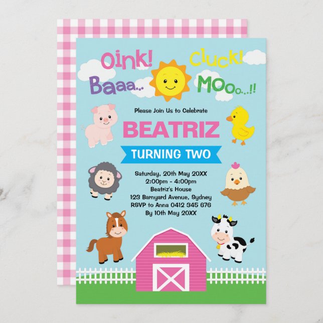 Girls Farm Barnyard Animals Pink Birthday Party Invitation (Front/Back)