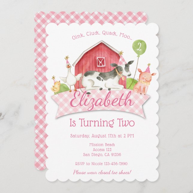 Girls Farm Birthday Party Invitation (Front/Back)