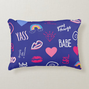girls fashion seamless pattern with slogan. Hand d Decorative Cushion