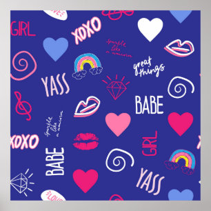 girls fashion seamless pattern with slogan. Hand d Poster