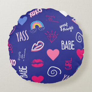 girls fashion seamless pattern with slogan. Hand d Round Cushion