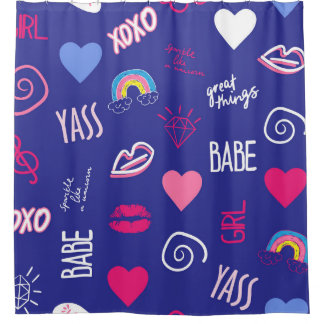girls fashion seamless pattern with slogan. Hand d Shower Curtain