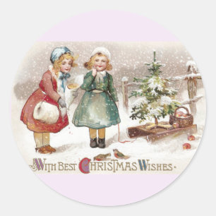 Girls Feeding Birds and Sled with Tree Vintage Classic Round Sticker