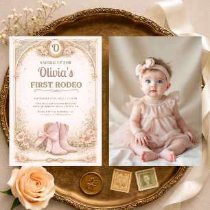 Girl's First 1st Rodeo Pink Bow Photo Birthday Invitation