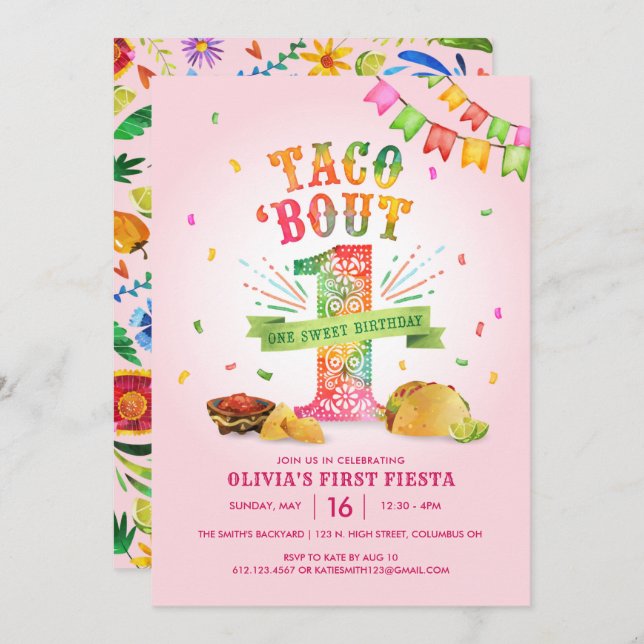 Girls First Birthday Invitation with Fiesta Theme (Front/Back)