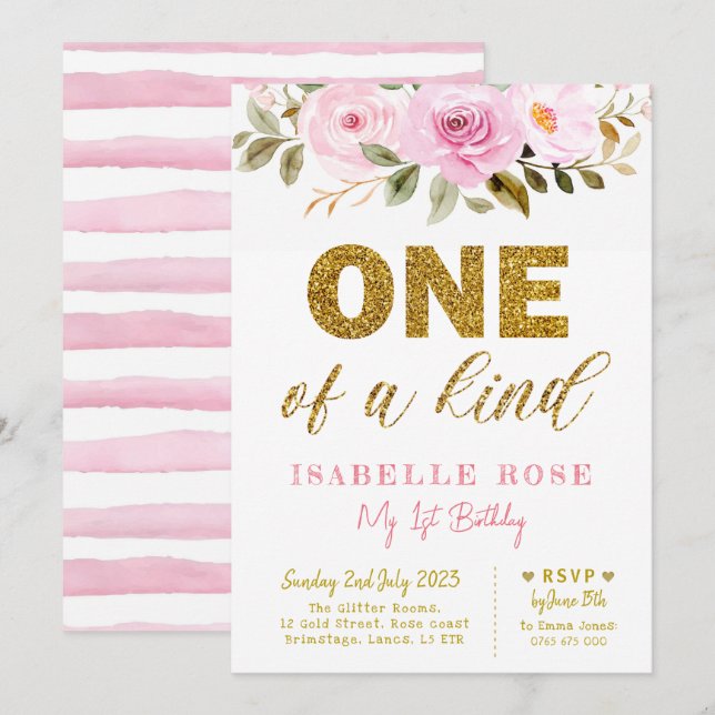 Girls first birthday invite, Glitter one, onderful Invitation (Front/Back)
