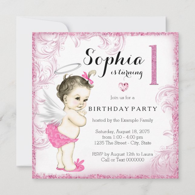 Girls First Birthday Party Pink Angel Invitation (Front)