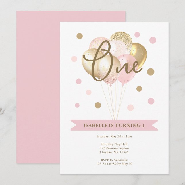 Girl's First Birthday Pink and Gold Party  Invitation (Front/Back)
